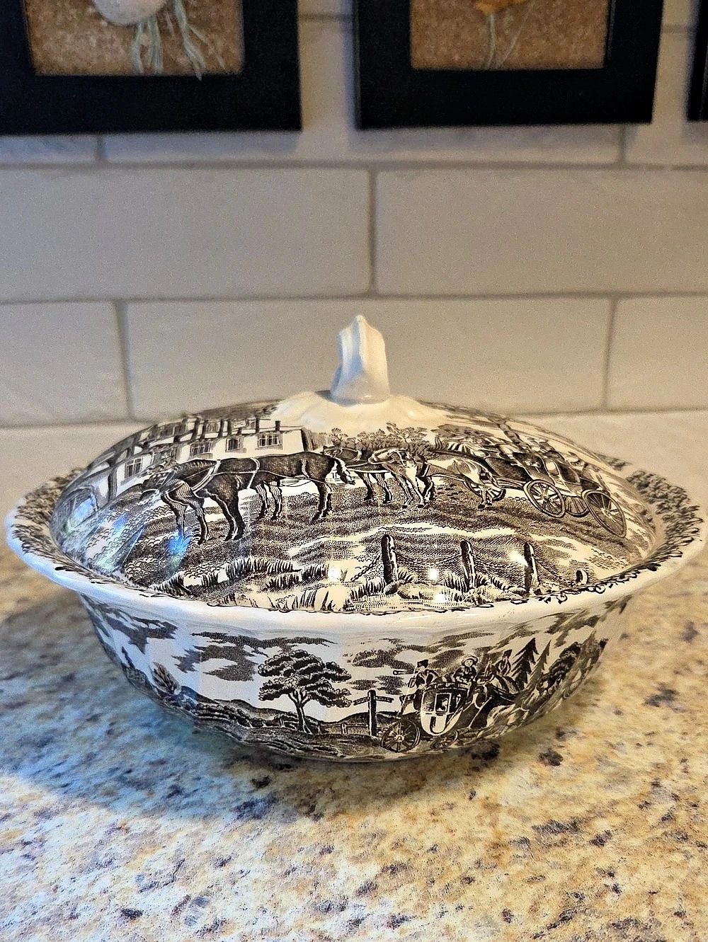 Vintage Myott Staffordshire "Royal Mail" Brown Tranferware Covered Casserole
